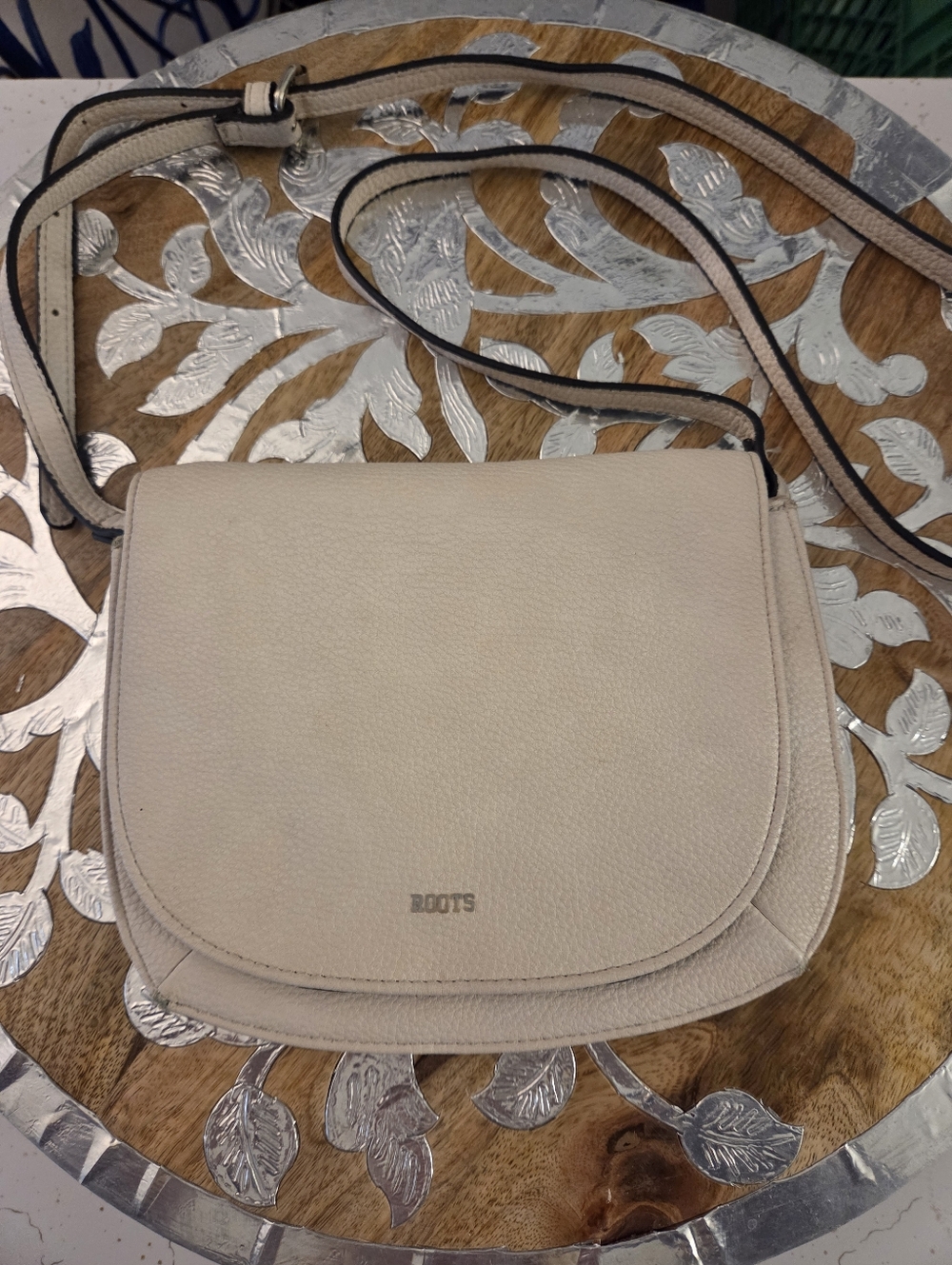 Roots Cream Leather Crossbody Bag